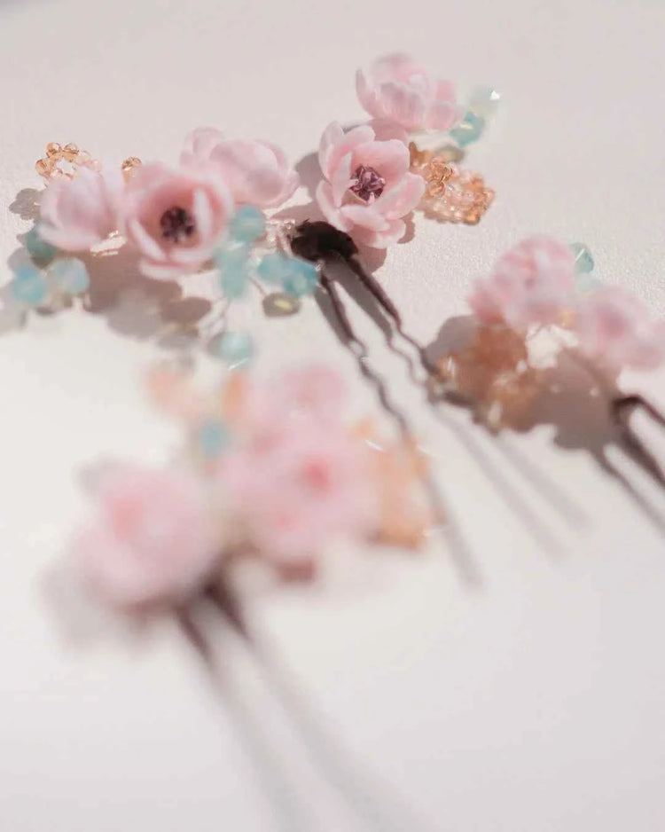 Floral Hair Pins with Crystals. Set of 3