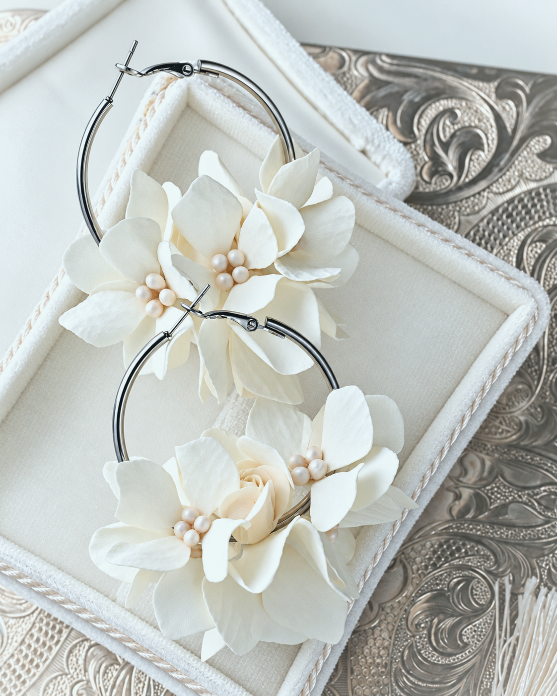 Ivory Hydrangea & Pearl Earrings — Handmade Bridal Pair