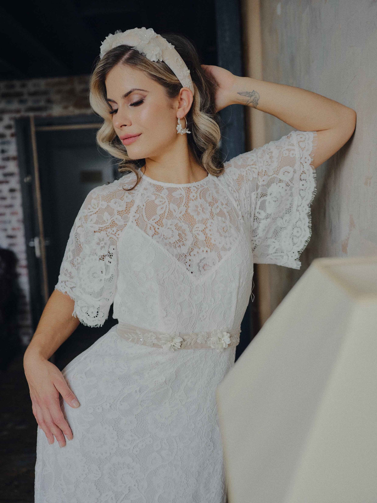Model wearing the Mauve Taupe Embroidered Floral Bridal Crown, a handcrafted silk wedding headpiece by Decoflowers UK.