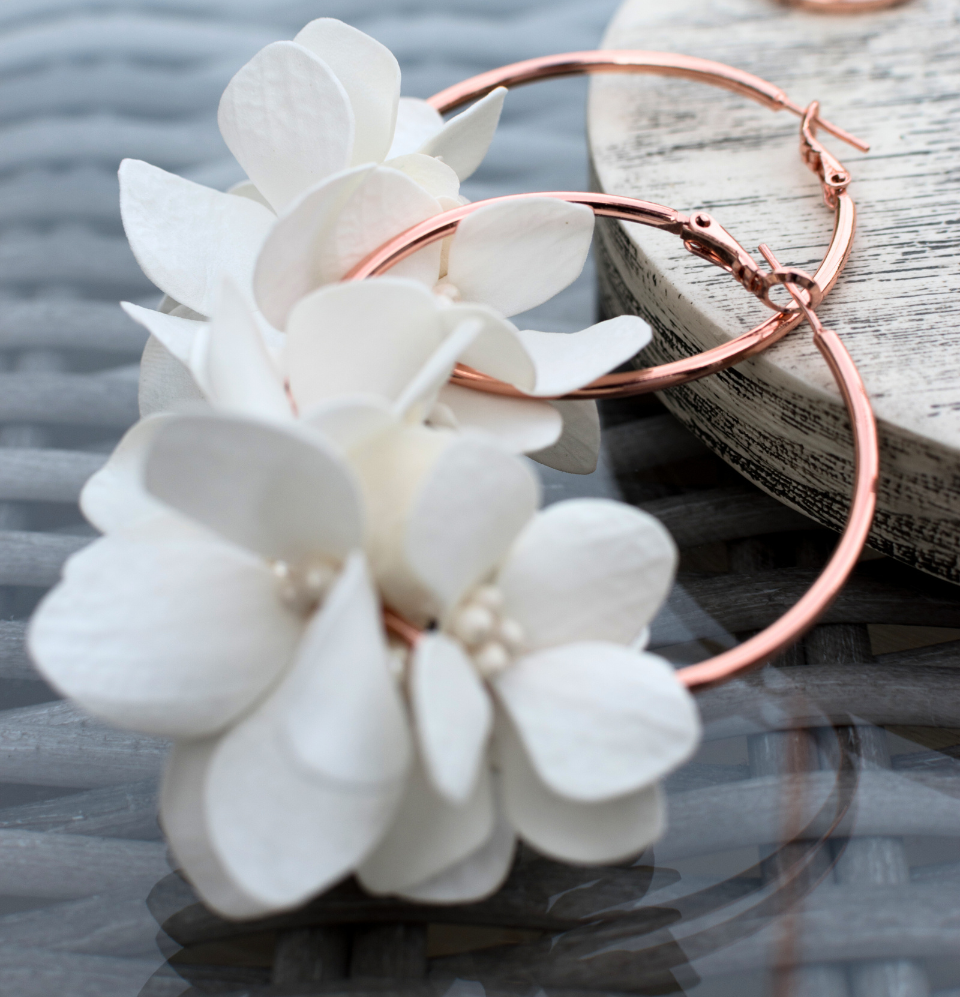 Rose gold Floral Earrings with hydrangea and pearls