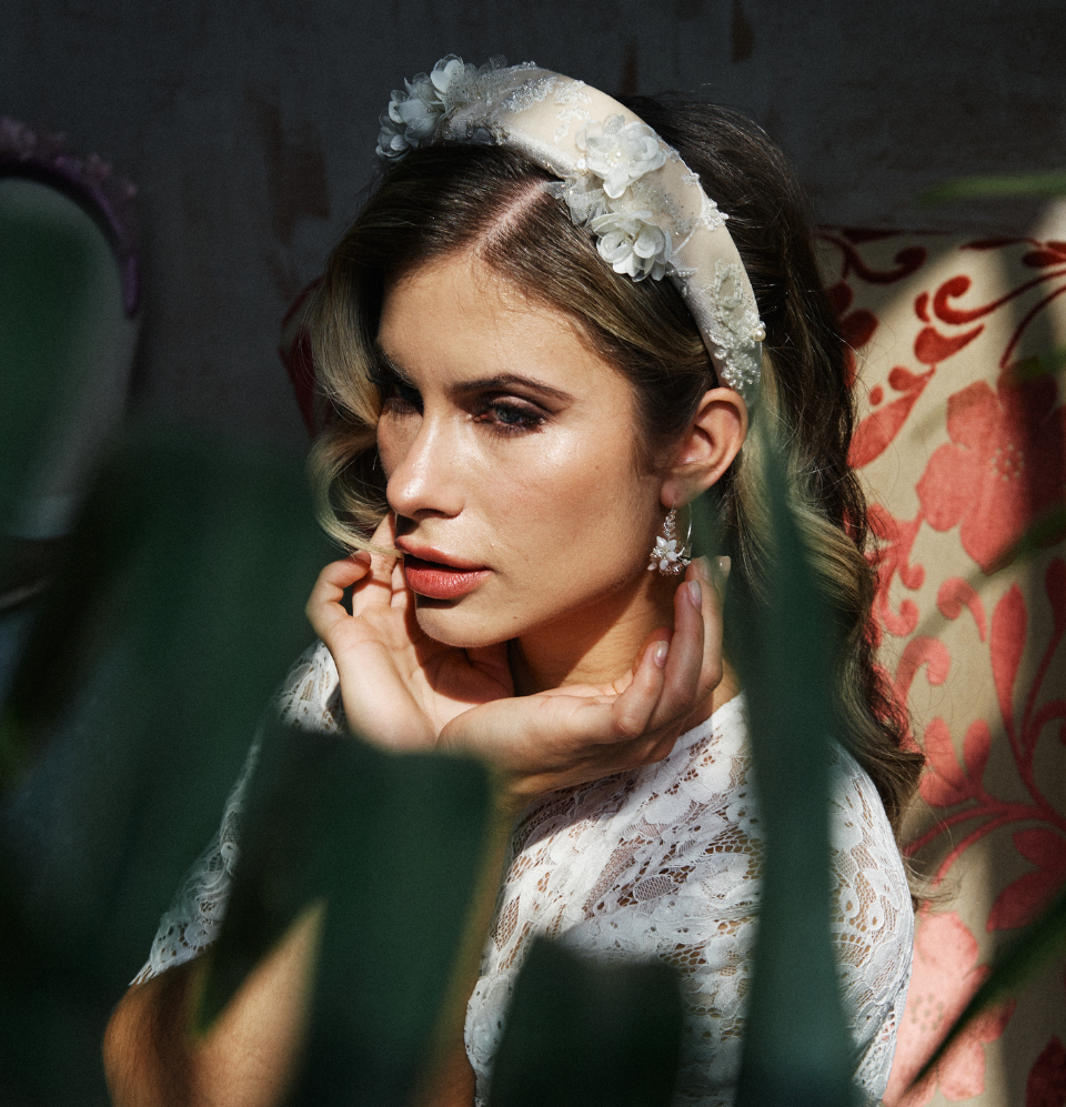 Ivory Embroidered Alice Headband With Bespoke Flowers
