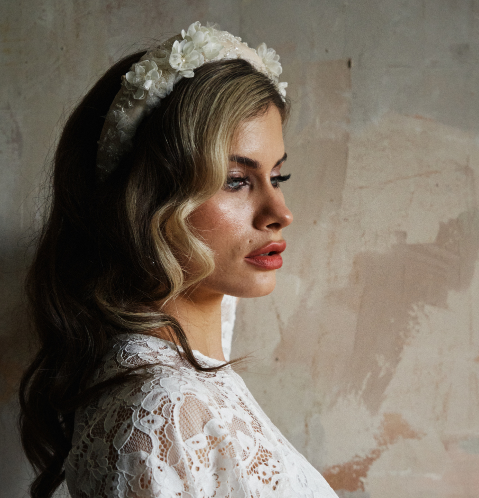 Ivory Embroidered Alice Headband With Bespoke Flowers