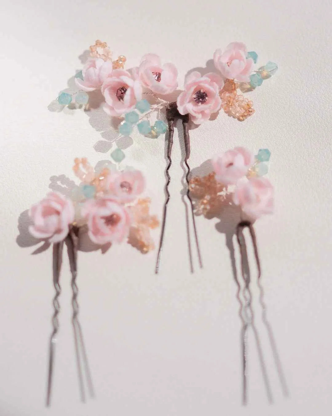 Floral Hair Pins with Crystals. Set of 3
