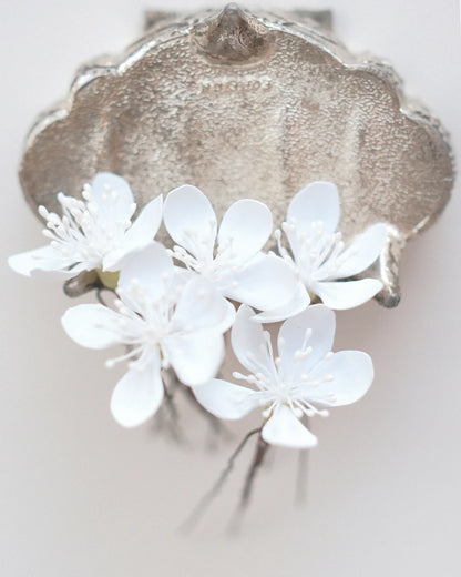 Botanical white blossom bridal hair pins, set of five