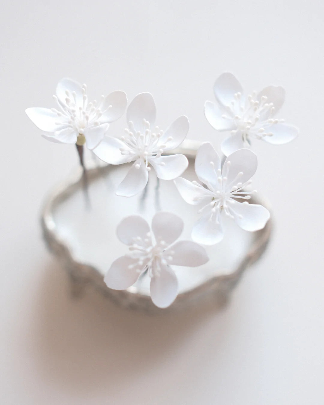 Set of five white cherry blossom bridal hair pins