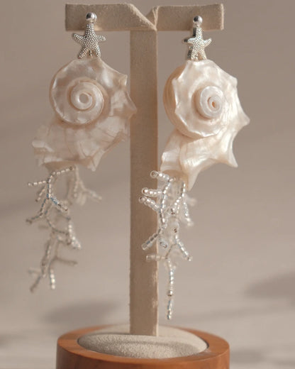 Seashell &amp; Coral Branch Drop Earrings - Mother of Pearl