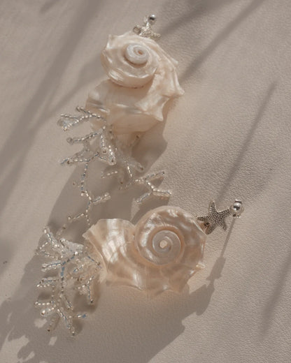 Seashell &amp; Coral Branch Drop Earrings - Mother of Pearl