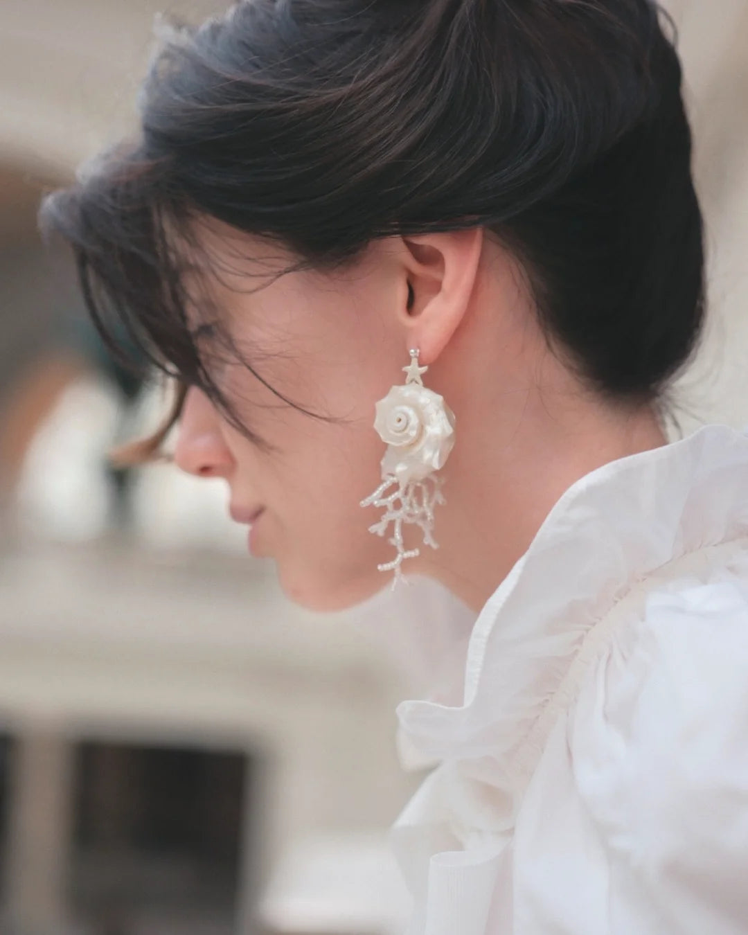 Seashell &amp; Coral Branch Drop Earrings - Mother of Pearl