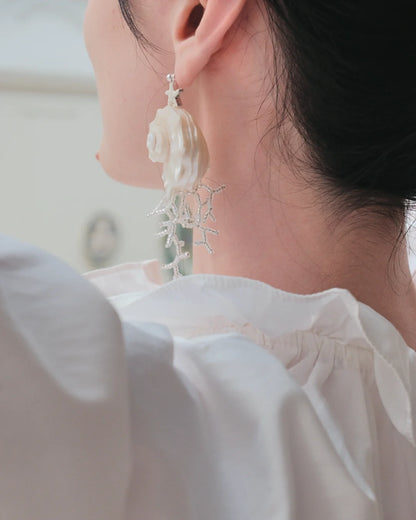 Seashell &amp; Coral Branch Drop Earrings - Mother of Pearl
