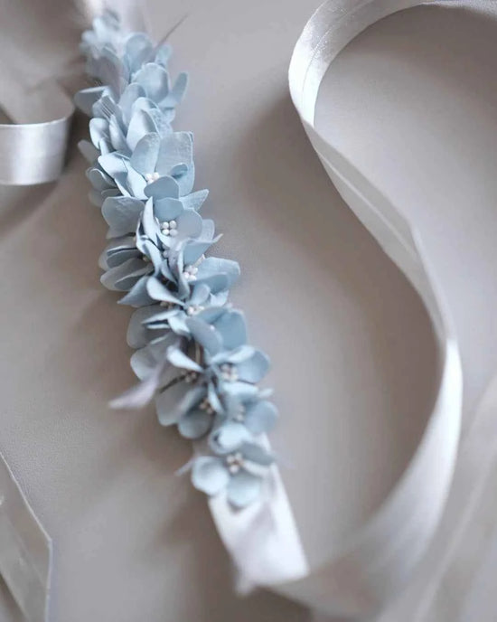 Bespoke Blue Hydrangea & Feather Bridal Sash