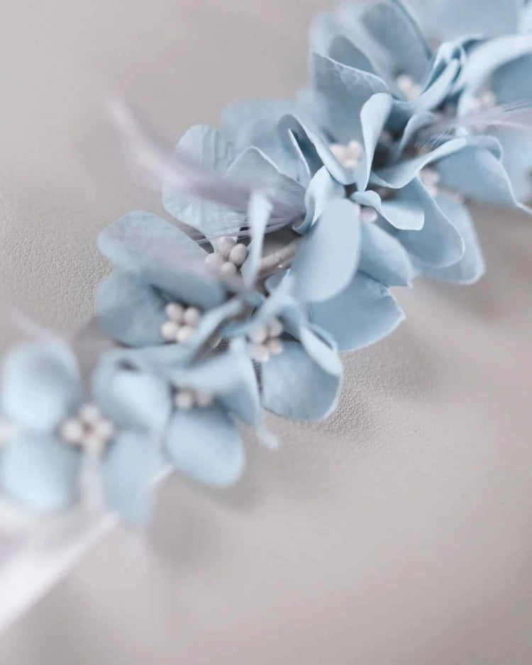 Bespoke Blue Hydrangea & Feather Bridal Sash