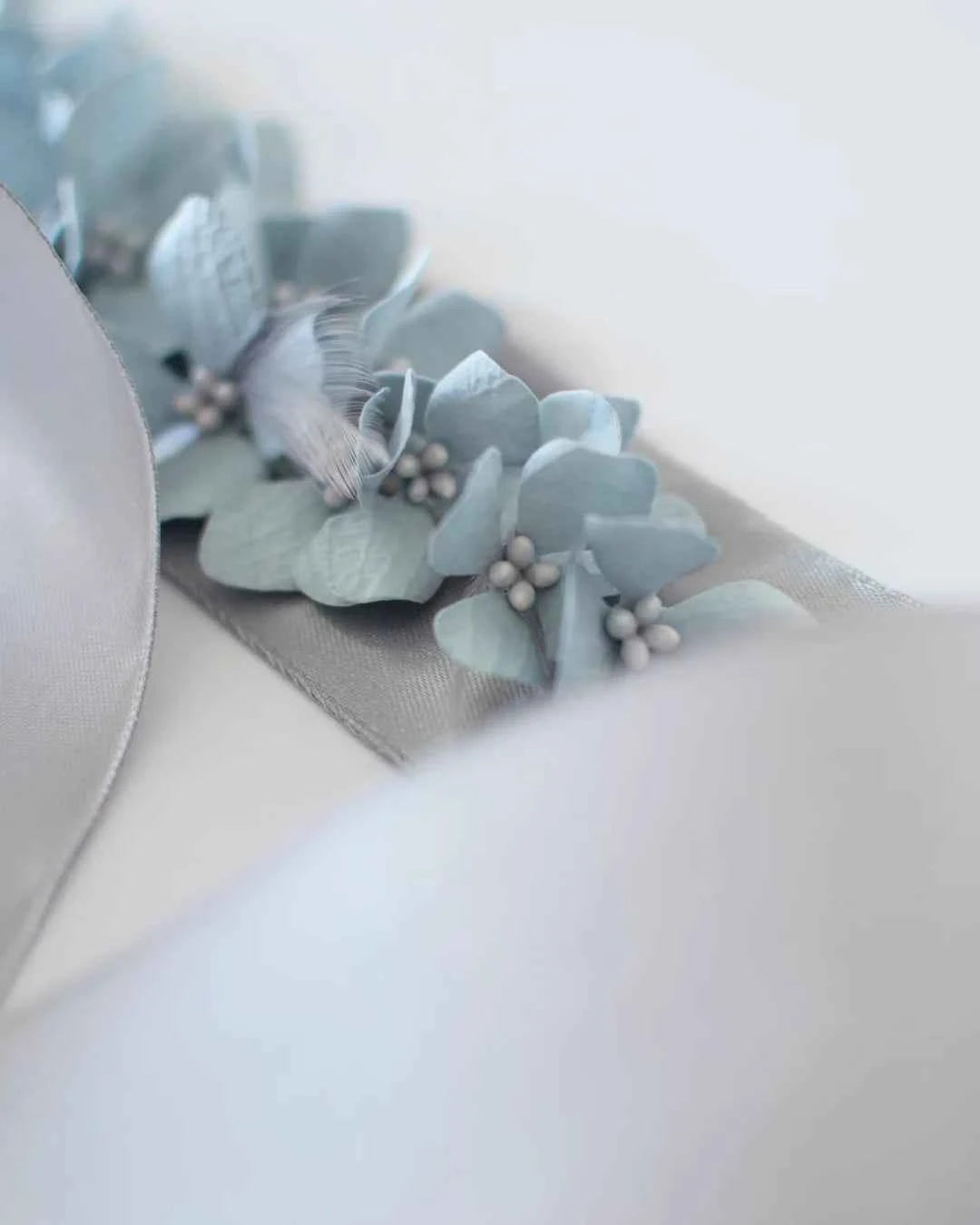 Bespoke Blue Hydrangea & Feather Bridal Sash