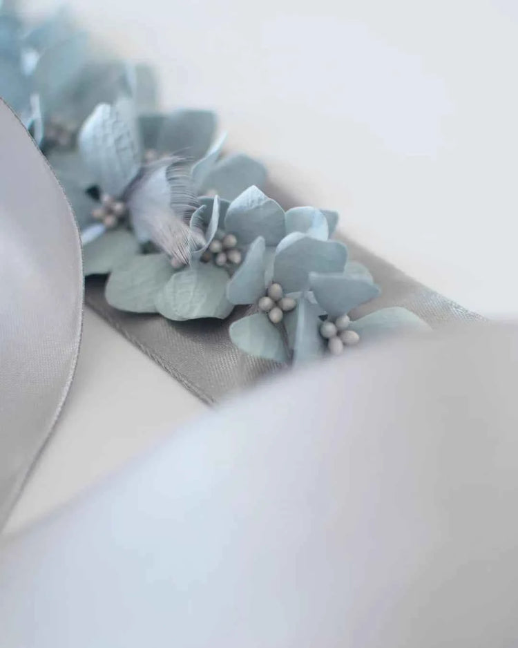 Bespoke Blue Hydrangea & Feather Bridal Sash
