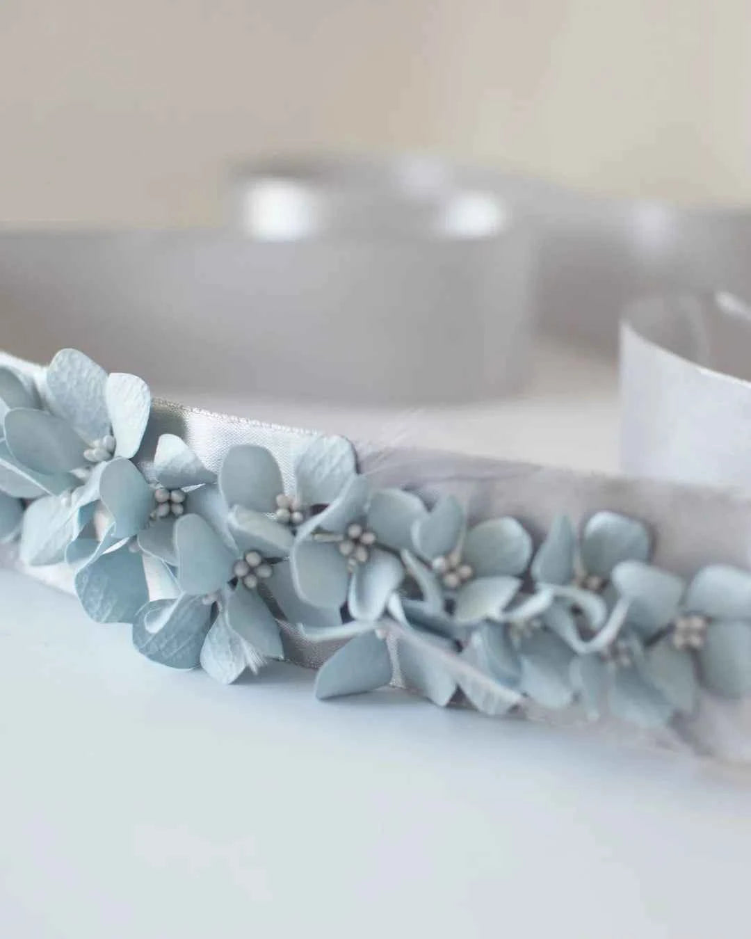 Bespoke Blue Hydrangea & Feather Bridal Sash