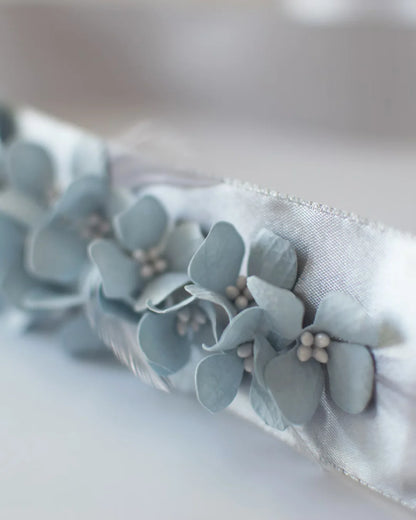 Bespoke Blue Hydrangea &amp; Feather Bridal Sash