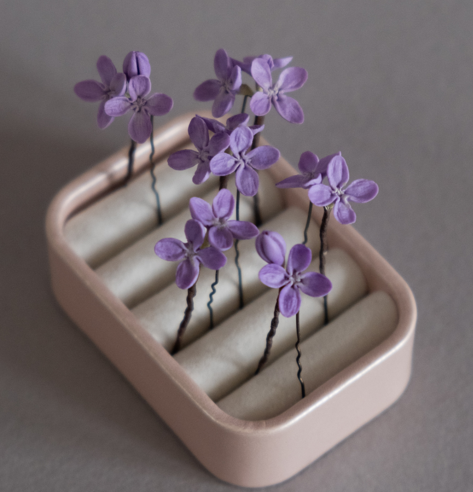 Violet lilac flower hair pins