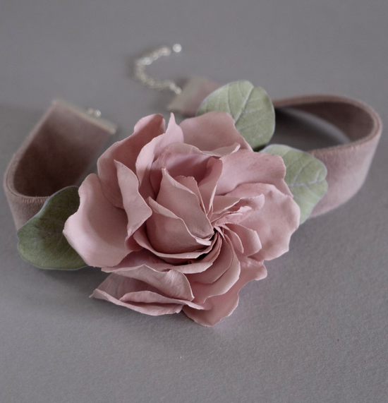 Blush pink rose on a wide choker