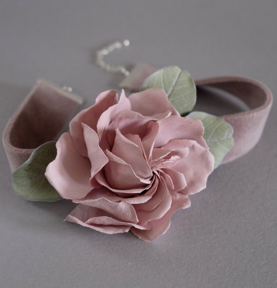 Blush pink rose on a wide choker