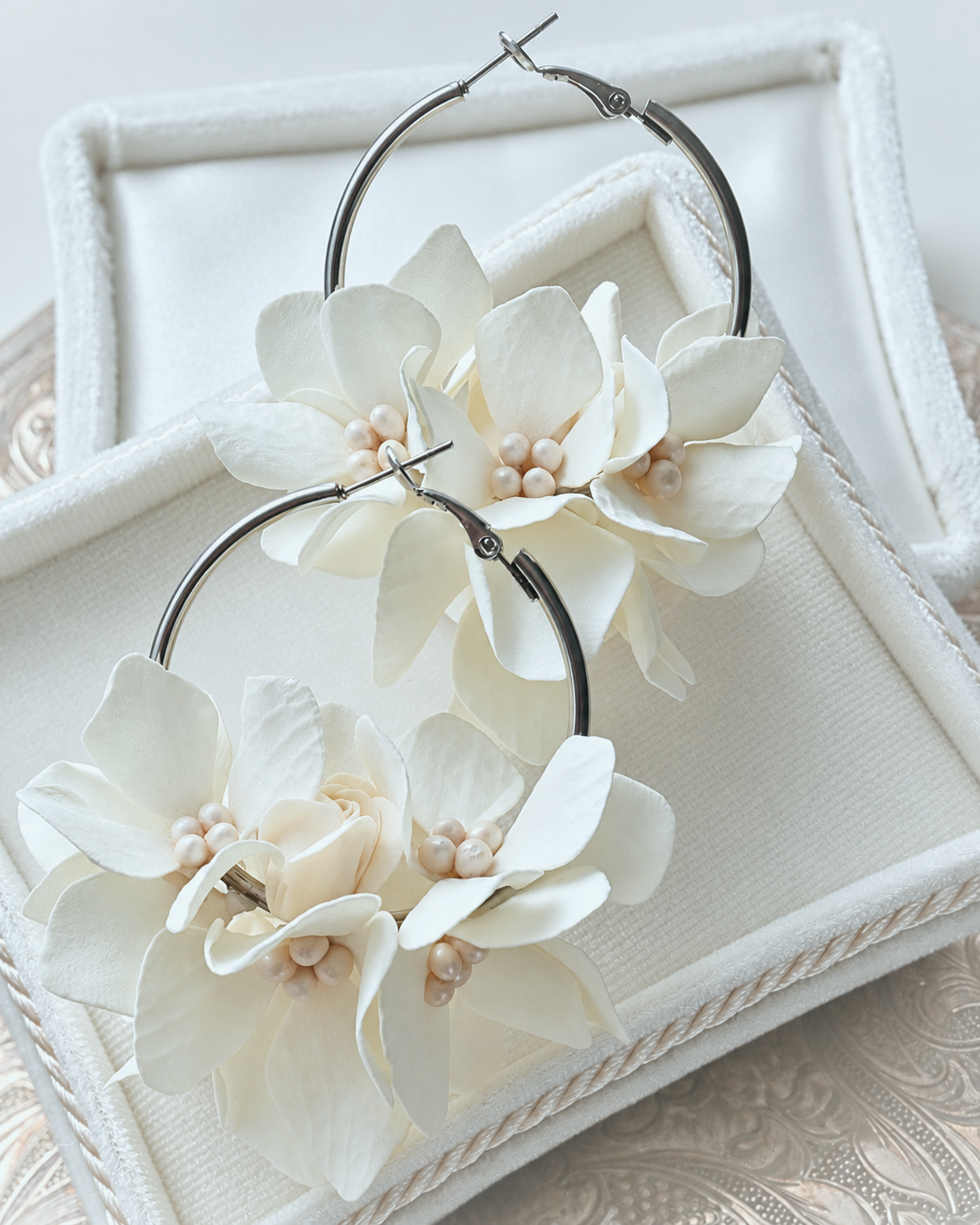 Ivory Hydrangea &amp; Pearl Earrings — Handmade Bridal Pair