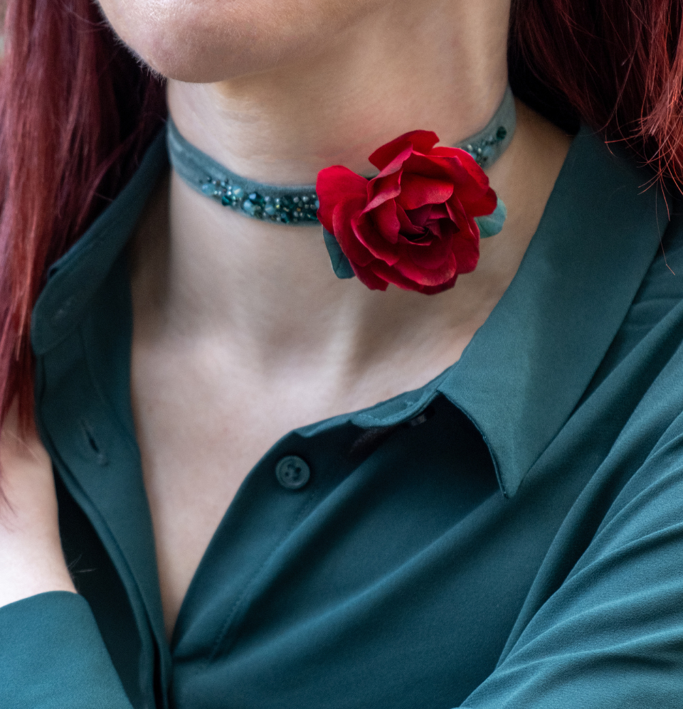 Handcrafted Velvet Choker with Crimson Rose