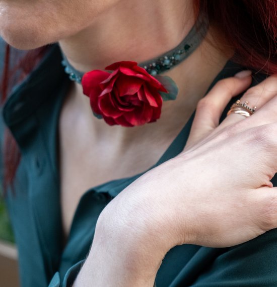 Handcrafted Velvet Choker with Crimson Rose