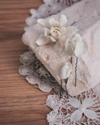 Ivory Mini Gardenia — Handmade Bridal Hair Pins, Set of 3