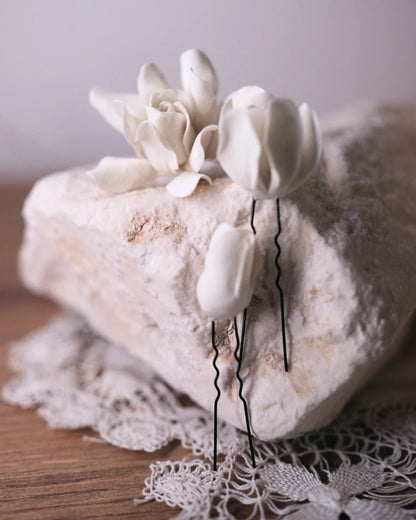 Ivory Mini Gardenia — Handmade Bridal Hair Pins, Set of 3