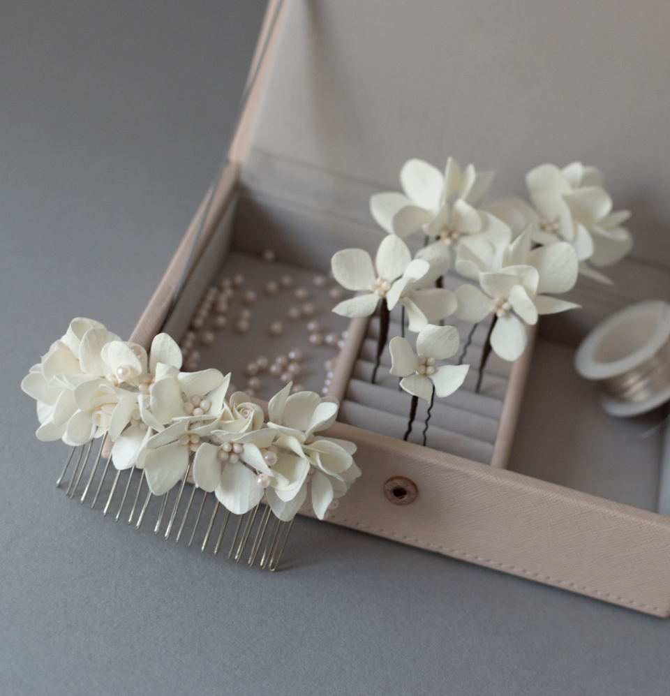 Hydrangea hair comb and hair pins set