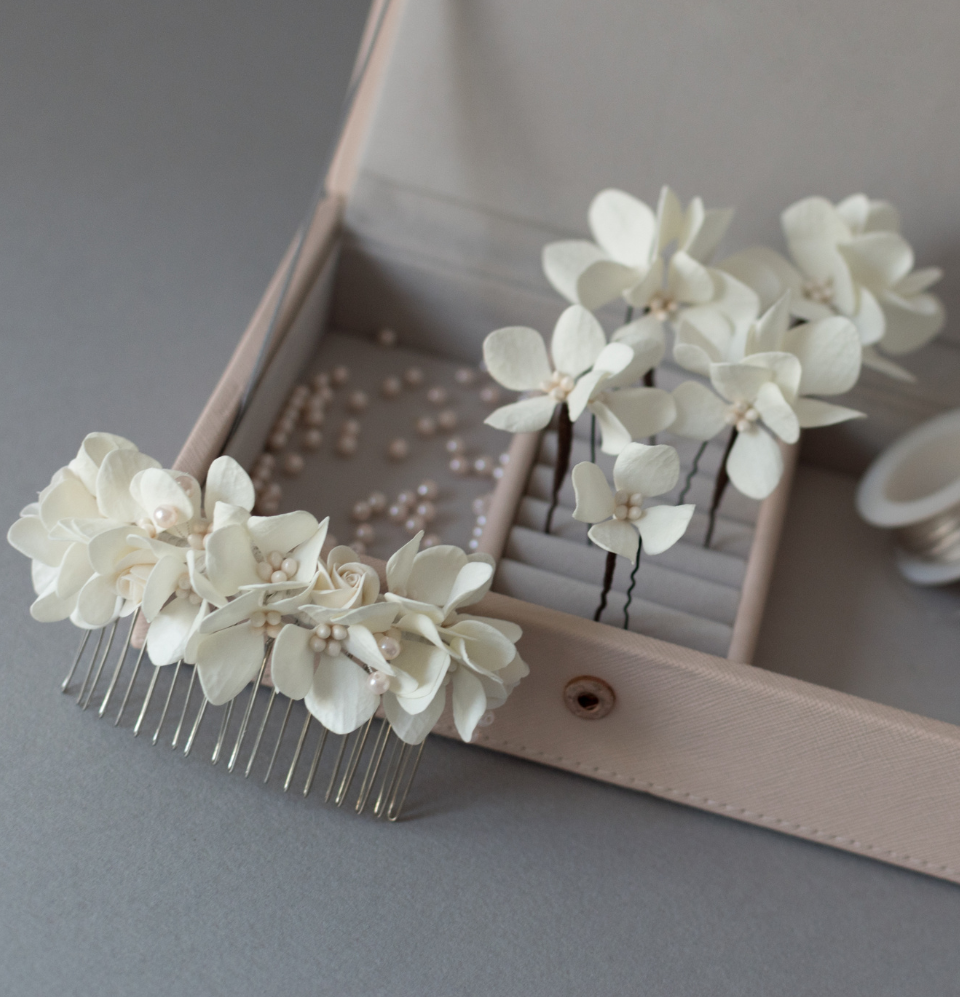 Hydrangea hair comb and hair pins set