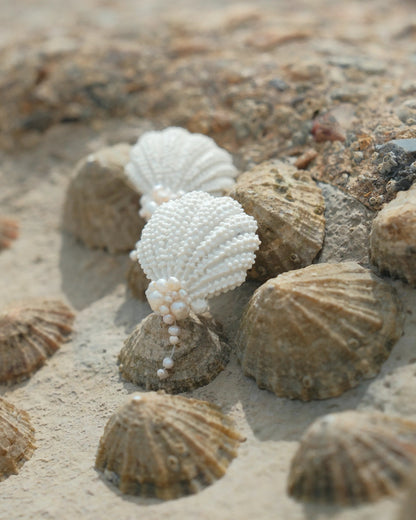 White pearl-like seashells arranged on sandy ground among natural brown seashells, with a blurred beach-like background.