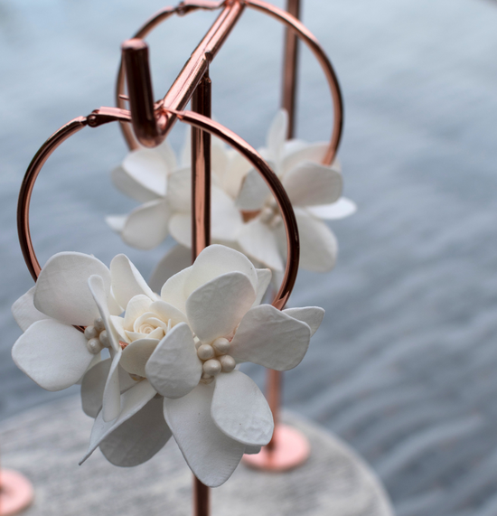 Rose gold Floral Earrings with hydrangea and pearls