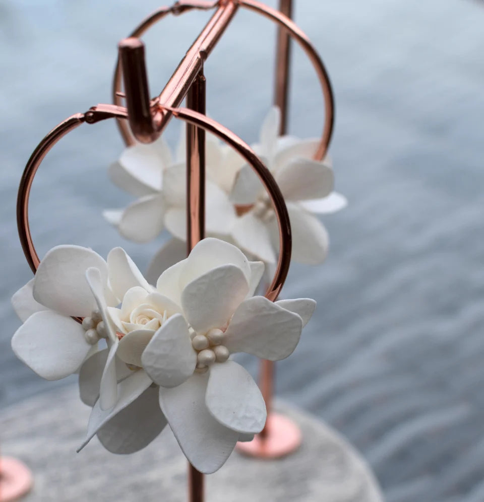 Ivory Hydrangea &amp; Pearl Earrings — Handmade Bridal Pair