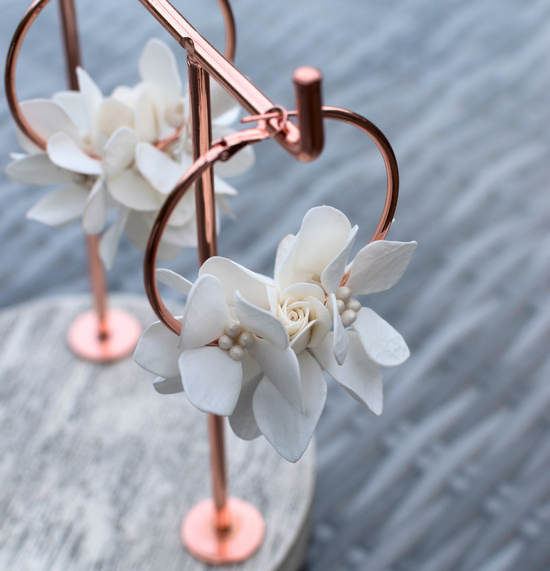 Rose gold Floral Earrings with hydrangea and pearls