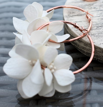 Rose gold Floral Earrings with hydrangea and pearls