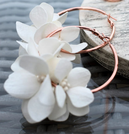 Ivory Hydrangea &amp; Pearl Earrings — Handmade Bridal Pair