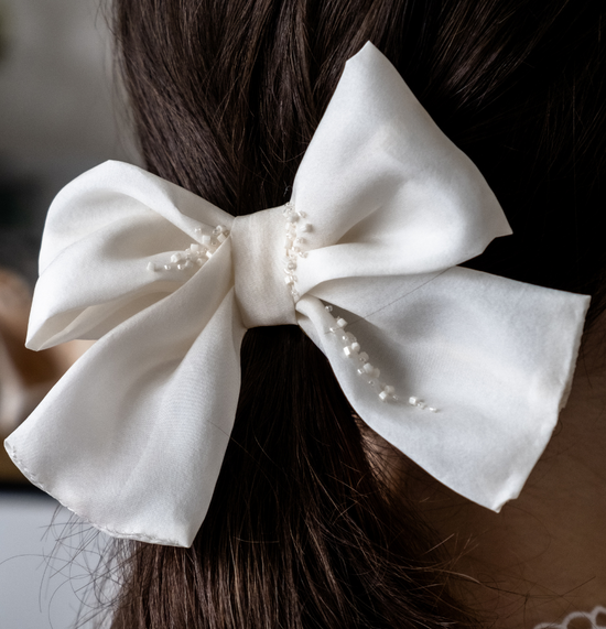Silk crepe asymmetrical hair bow