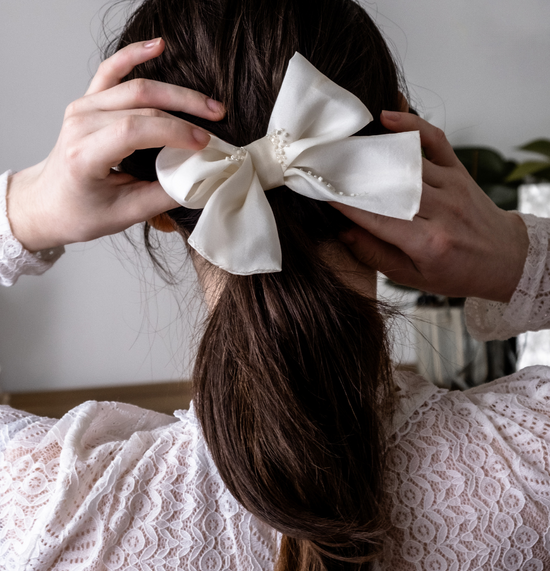 Silk crepe asymmetrical hair bow