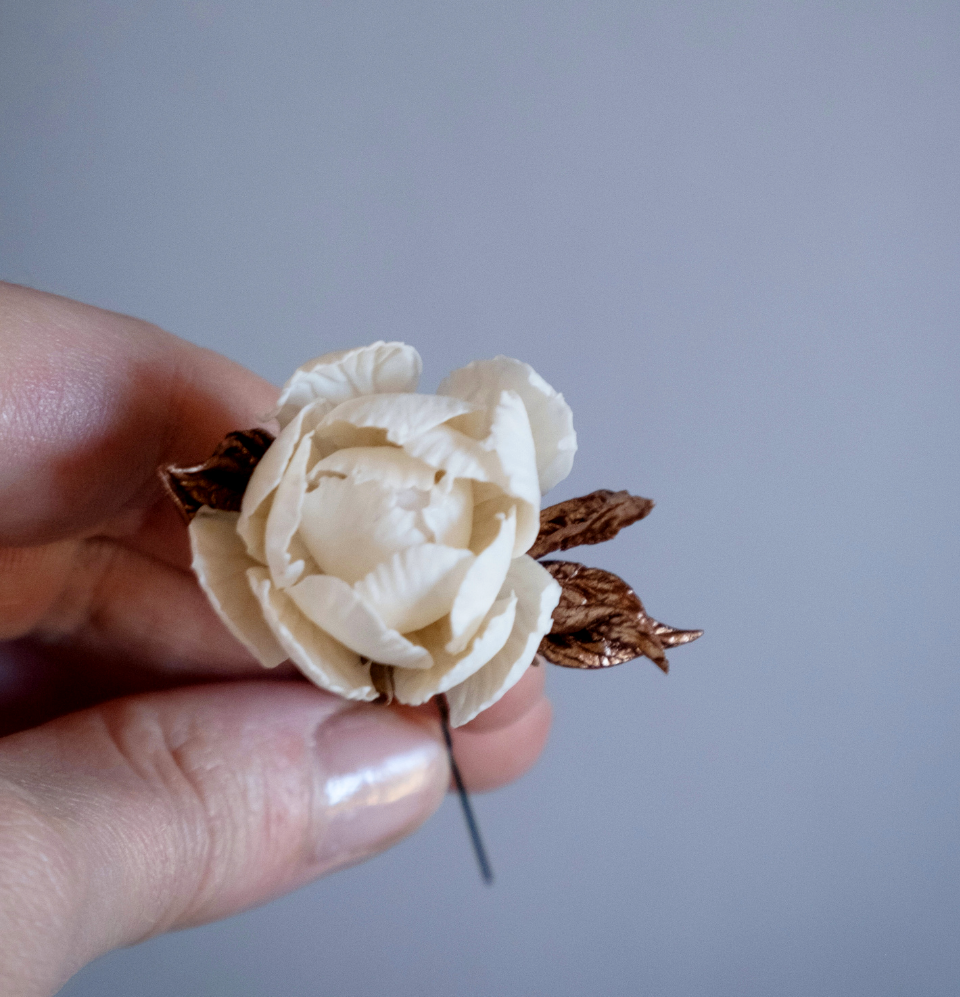 White flowers with bronze colour leaves set