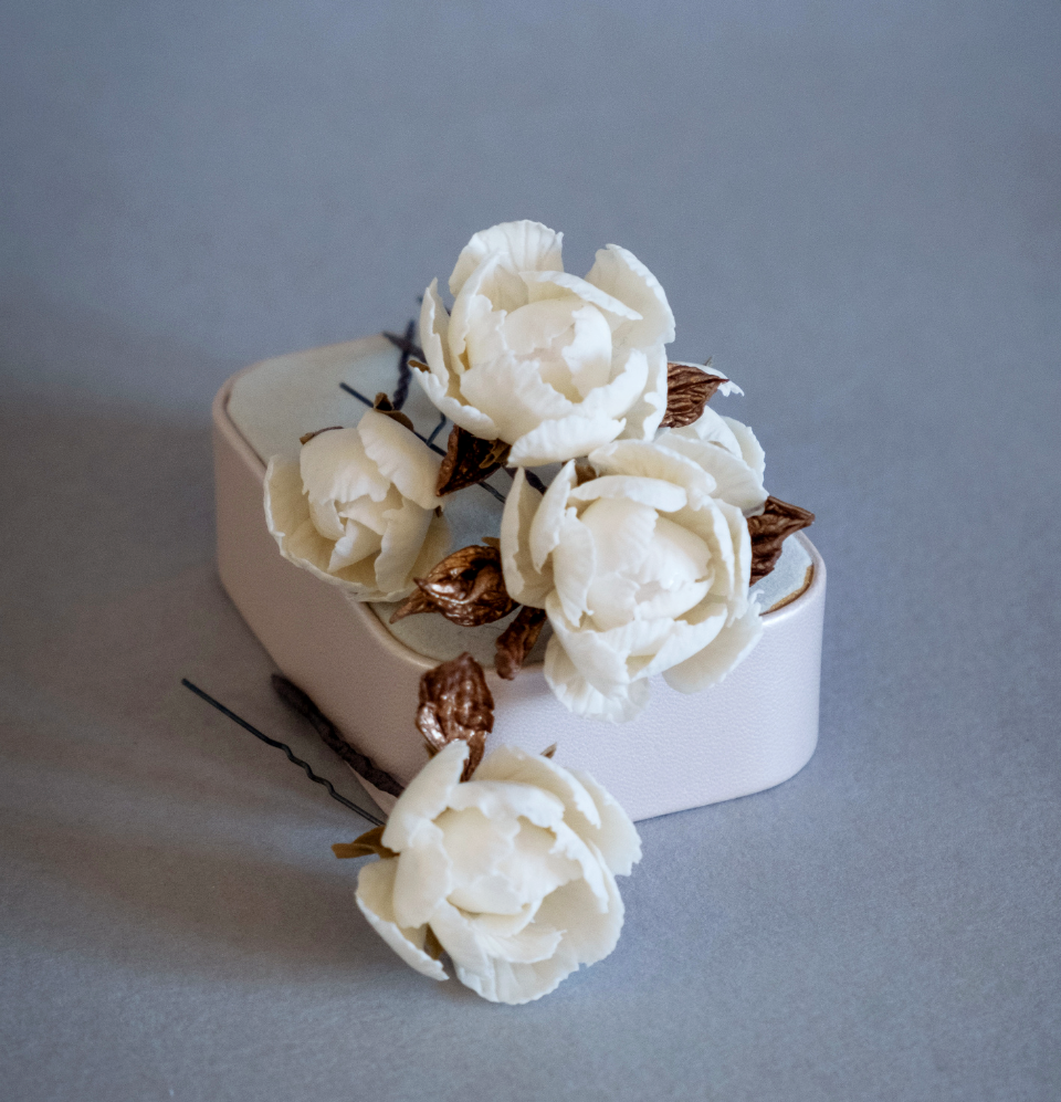 White flowers with bronze colour leaves set