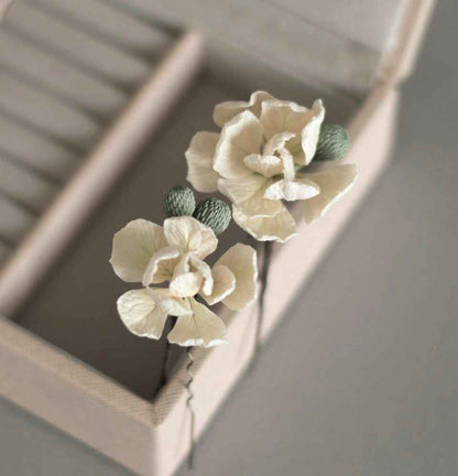 Ivory Matthiola flowers hair pins