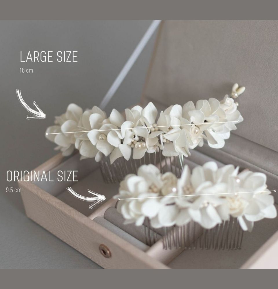 Floral hair comb with hydrangea and pearls. Large size 16 cm